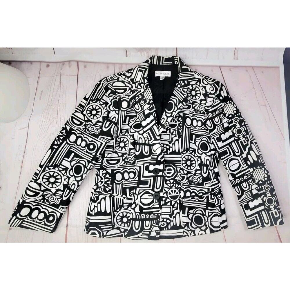 Andre Oliver Black and White Geometric Suit Jacket Size 8 Lined Womens